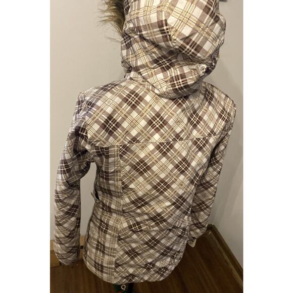BETTY RIDES Zip & Snap Up Brown And White Plaid Quilted Parka Jacket Womens M - Picture 8 of 10